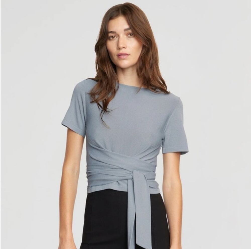Modern Citizen Jude Cropped Tie-Front Short Sleeve Top Blue Grey Small